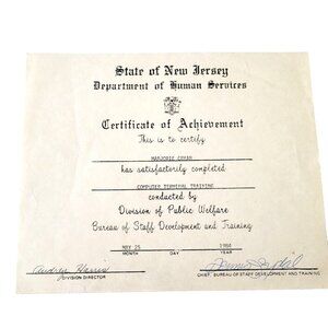 1984 New Jersey Department of Human Resources Signed Certificate of Achievement